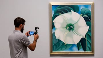 A museum visitor photographs a painting by modernist artist Georgia O'Keeffe.
