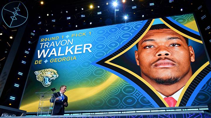 Apr 28, 2022; Las Vegas, NV, USA; Georgia defensive end Travon Walker is announced as the first overall pick to the Jacksonville Jaguars during the first round of the 2022 NFL Draft at the NFL Draft Theater. 