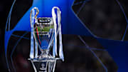 The trophy is seen on a plinth during the award ceremony...
