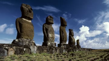 Rapa Nui (Easter Island) Moai at Ahu Tahai with dramatic clouds.