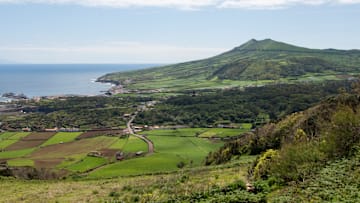 View of green pastures near Santa Cruz on Graciosa Island in...