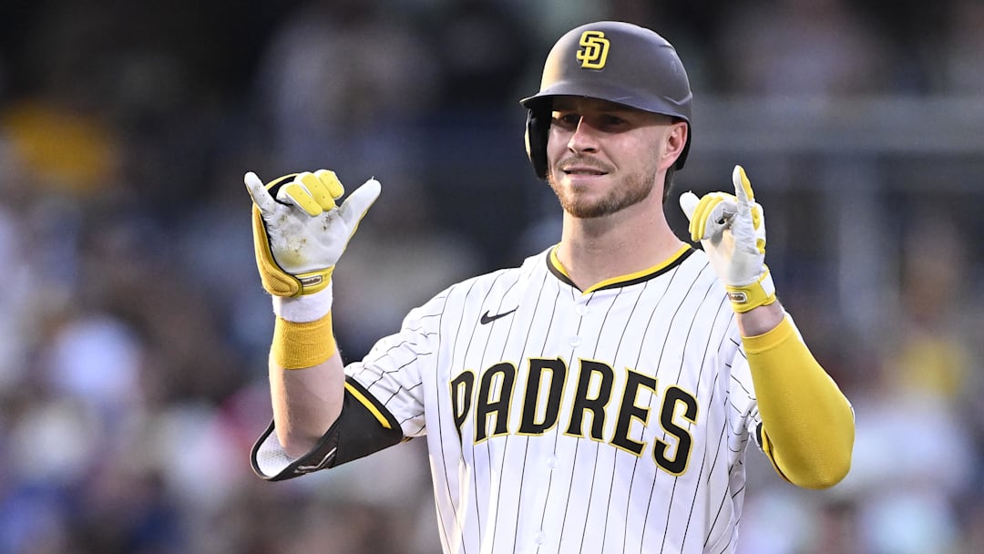 Sep 27, 2025; San Diego, California, USA; San Diego Padres first baseman Ryan O'Hearn (32) gestures after hitting a double during the second inning against the Arizona Diamondbacks at Petco Park. Mandatory Credit: Denis Poroy-Imagn Images