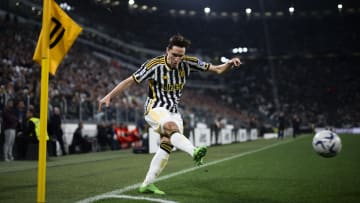 Federico Chiesa of Juventus FC takes a corner kick during...