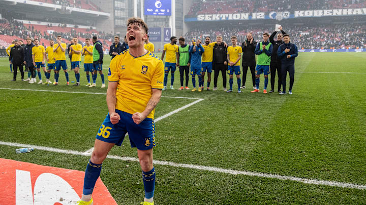 Mathias Kvistgaarden of Brøndby IF celebrates during the...