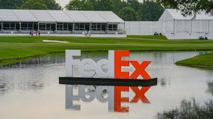 The FedEx logo displayed at the PGA Tour's FedEx St. Jude Championship