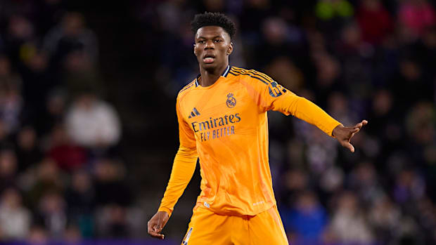 Aurelien Chuameni in action against Real Madrid