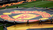 A view of the Manchester United crest during the UEFA Europa...