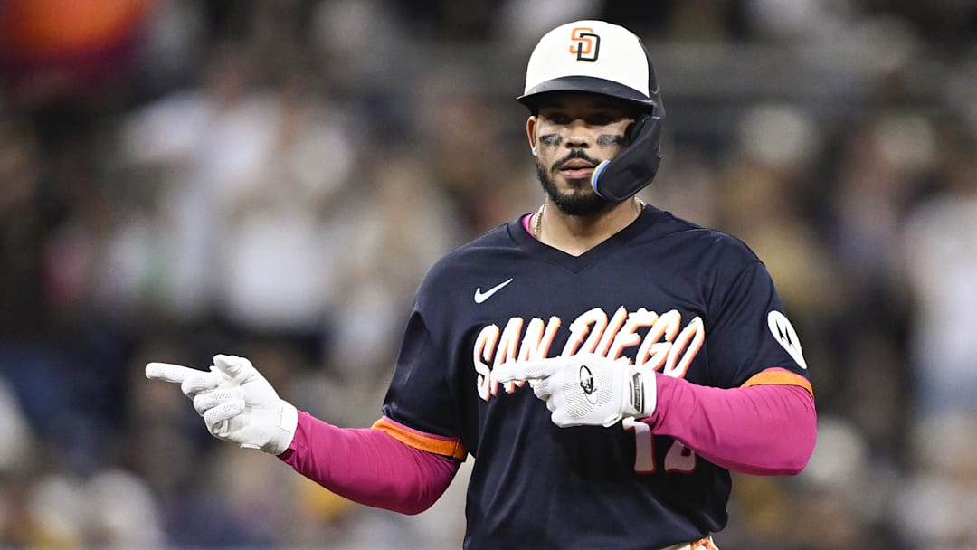 Apr 10, 2026; San Diego, California, USA; San Diego Padres catcher Luis Campusano (12) gestures after hitting a double during the third inning against the Colorado Rockies at Petco Park. Mandatory Credit: Denis Poroy-Imagn Images Apr 10, 2026; San Diego, California, USA; San Diego Padres catcher Luis Campusano (12) gestures after hitting a double during the third inning against the Colorado Rockies at Petco Park. Mandatory Credit: Denis Poroy-Imagn Images