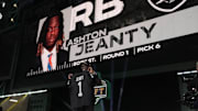 Boise State Broncos running back Ashton Jeanty is selected by the Las Vegas Raiders as the number six pick in the first round of the 2025 NFL Draft at Lambeau Field.