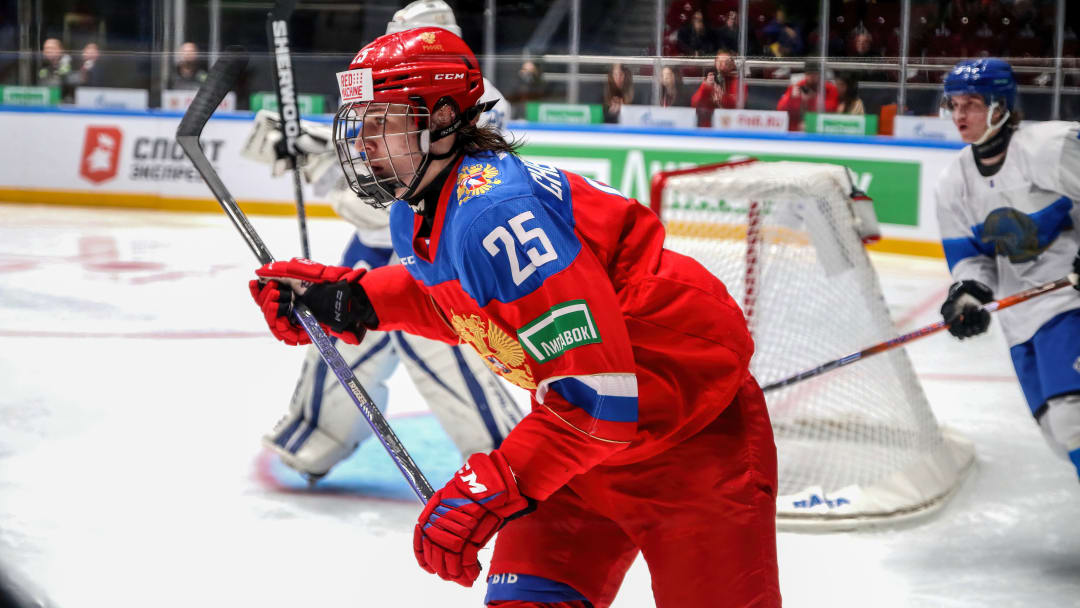 Russia U20 Hockey team player, Igor Chernyshov (25) seen in...