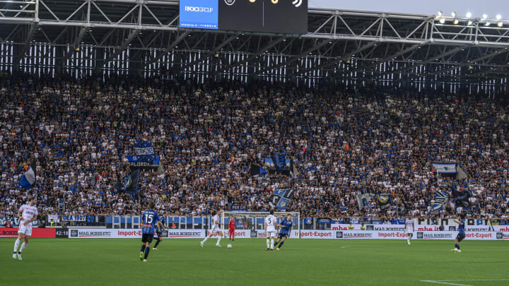 A general view of Gewiss Stadium is seen during the Serie A...