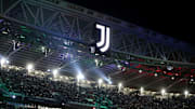 The Juventus logo on the screens of the Juventus Stadium...