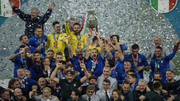 Leonardo Bonucci of Italy holds the trophy during Italy’s Euro 2020 Celebrations 