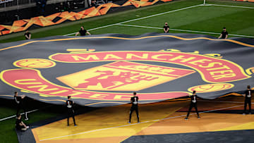 A view of the Manchester United crest during the UEFA Europa...