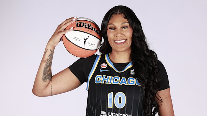 Apr 30, 2026; Chicago, Ill, USA; Chicago Sky center Kamilla Cardoso (10) poses during media day at The Field Studios. Mandatory Credit: Kamil Krzaczynski-Imagn Images