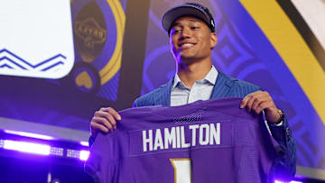 Apr 28, 2022; Las Vegas, NV, USA; Notre Dame safety Kyle Hamilton after being selected as the fourteenth overall pick to the Baltimore Ravens during the first round of the 2022 NFL Draft at the NFL Draft Theater. Mandatory Credit: Kirby Lee-Imagn Images