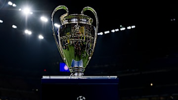 The Champions League trophy is seen prior the UEFA Champions...
