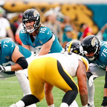 Aug 9, 2025; Jacksonville, Florida, USA; Jacksonville Jaguars quarterback Trevor Lawrence (16) lines up under center against the Pittsburgh Steelers during a preseason game at EverBank Stadium. Mandatory Credit: Travis Register-Imagn Images