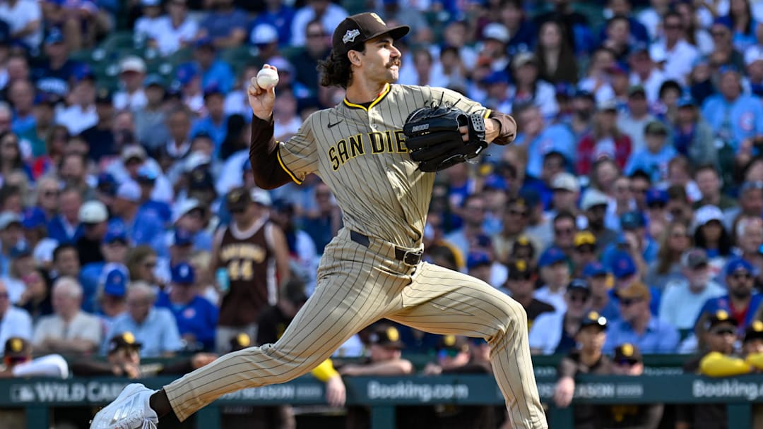 San Diego Padres starting pitcher Dylan Cease (84) delivers a pitch against the Chicago Cubs in the first inning during game two of the Wildcard round for the 2025 MLB playoffs at Wrigley Field on Oct. 1.