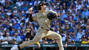 San Diego Padres starting pitcher Dylan Cease (84) delivers a pitch against the Chicago Cubs in the first inning during game two of the Wildcard round for the 2025 MLB playoffs at Wrigley Field on Oct. 1.