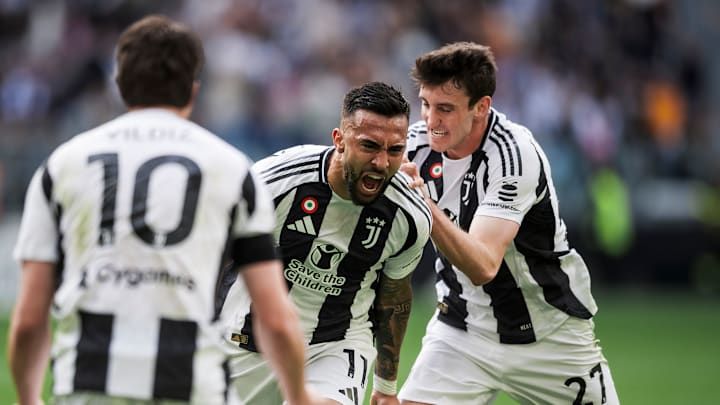Nicolas Gonzalez (C) of Juventus FC celebrates with Kenan... Nicolas Gonzalez (C) of Juventus FC celebrates with Kenan...