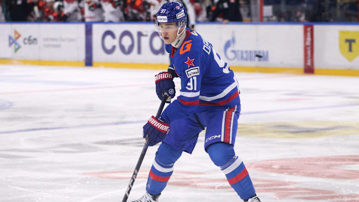 Ivan Demidov (91) SKA Hockey Club seen in action during the...