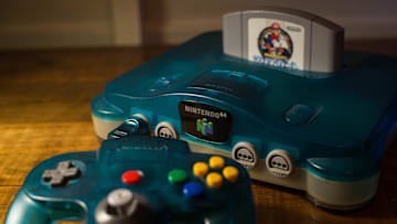A clear blue, Japanese edition of the Nintendo 64.