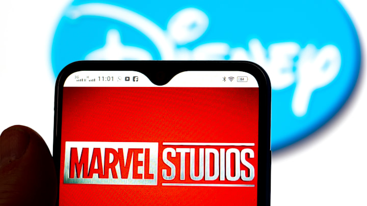 In this photo illustration, the Marvel Studios logo is seen...
