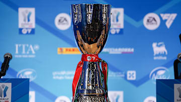 The Super coppa Italiana trophy is pictured during the press...