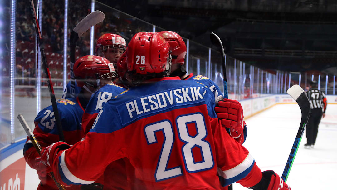 Russia U18 Hockey Club player, Alexander Plesovskikh (28)...