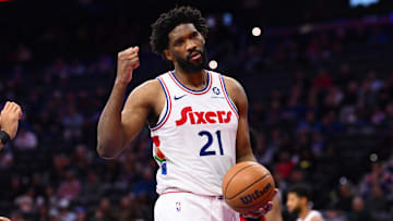 Feb 11, 2025; Philadelphia, Pennsylvania, USA; Philadelphia 76ers center Joel Embiid (21) reacts against the Toronto Raptors in the second quarter at Wells Fargo Center. Mandatory Credit: Kyle Ross-Imagn Images