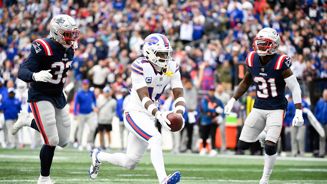 Oct 22, 2023; Foxborough, Massachusetts, USA; Buffalo Bills wide receiver Stefon Diggs (14) crosses