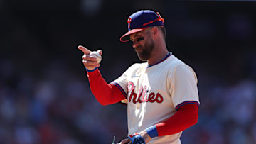 Jul 5, 2025; Philadelphia, Pennsylvania, USA; Philadelphia Phillies first base Bryce Harper (3) before the first pitch against the Cincinnati Reds at Citizens Bank Park. 