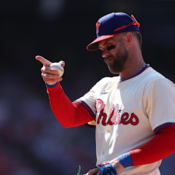 Jul 5, 2025; Philadelphia, Pennsylvania, USA; Philadelphia Phillies first base Bryce Harper (3) before the first pitch against the Cincinnati Reds at Citizens Bank Park. 