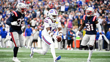 Oct 22, 2023; Foxborough, Massachusetts, USA; Buffalo Bills wide receiver Stefon Diggs (14) crosses