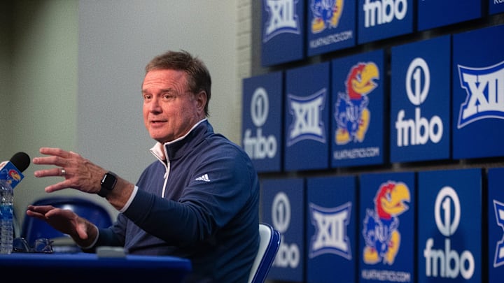 Kansas basketball coach Bill Self answers questions in a press conference during media day inside Allen Fieldhouse.
