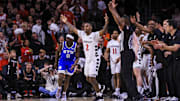 Feb 8, 2025; Cincinnati, Ohio, USA; Cincinnati Bearcats guard Jizzle James (2) reacts after a play against the Brigham Young Cougars in the second half at Fifth Third Arena. Mandatory Credit: Katie Stratman-Imagn Images