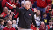 Feb 1, 2025; Piscataway, New Jersey, USA; Rutgers Scarlet Knights head coach Steve Pikiell reacts during the first half against the Michigan Wolverines at Jersey Mike's Arena. Mandatory Credit: Vincent Carchietta-Imagn Images