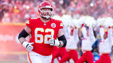 Jan 26, 2025; Kansas City, MO, USA; Kansas City Chiefs guard Joe Thuney (62) against the Buffalo Bills in the AFC Championship game at GEHA Field at Arrowhead Stadium. Mandatory Credit: Mark J. Rebilas-Imagn Images