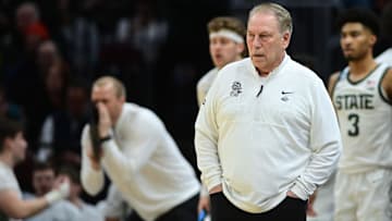 Mar 21, 2025; Cleveland, OH, USA; Michigan State Spartans head coach Tom Izzo reacts in the first half against the Bryant University Bulldogs during the NCAA Tournament First Round at Rocket Mortgage Fieldhouse. Mandatory Credit: Ken Blaze-Imagn Images