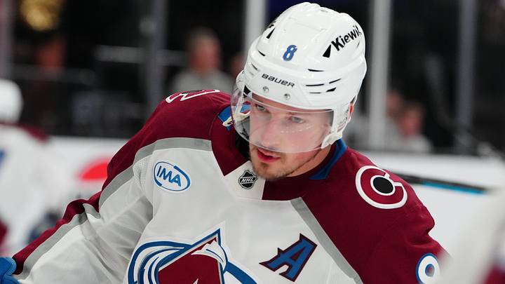 May 24, 2026; Las Vegas, Nevada, USA; Colorado Avalanche defenseman Cale Makar (8) warms up before a game against the Vegas Golden Knights in game three of the Western Conference Final of the 2026 Stanley Cup Playoffs at T-Mobile Arena. Mandatory Credit: Stephen R. Sylvanie-Imagn Images