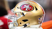 Dec 17, 2023; Glendale, Arizona, USA; Detailed view of a San Francisco 49ers helmet at State Farm Stadium. Mandatory Credit: Mark J. Rebilas-USA TODAY Sports