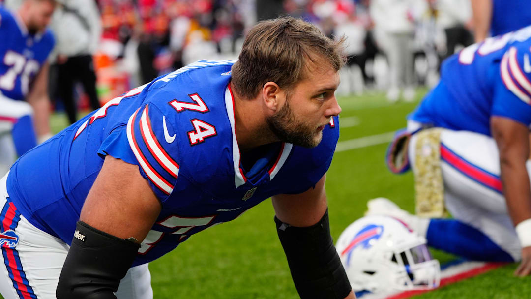Nov 17, 2024; Orchard Park, New York, USA; Buffalo Bills offensive tackle Ryan Van Demark (74) warms up prior to the game against the Kansas City Chiefs at Highmark Stadium. 