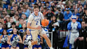 Mar 21, 2025; Raleigh, NC, USA; Duke Blue Devils forward Cooper Flagg (2) dribbles the ball against the Mount St. Mary's Mountaineers during the first half in the first round of the NCAA Tournament at Lenovo Center. Mandatory Credit: Bob Donnan-Imagn Images