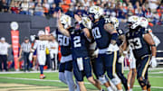 Vanderbilt quarterback Diego Pavia (2) celebrates a touchdown during the fourth quarter against Auburn at FirstBank Stadium in Nashville, Tenn., Saturday, Nov. 8, 2025.