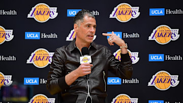 Feb 4, 2025; El Segundo, CA, USA; Los Angeles Lakers vice president of basketball operations and general manager Rob Pelinka introduced guard Luka Doncic at UCLA Health Training Center. Mandatory Credit: Gary A. Vasquez-Imagn Images