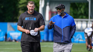 Detroit Lions head coach Dan Campbell and exec. vice president and general manager Brad Holmes walk off the field together during day two of the Detroit Lions training camp at the Detroit Lions Headquarters in Dearborn, Mich. on Thursday, July 25, 2024.
