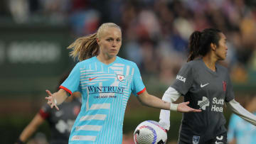 Jun 8, 2024; Chicago, Illinois, USA; Chicago Red Stars forward Penelope Hocking (55) reacts to a call in the second half against Bay FC at Wrigley Field.