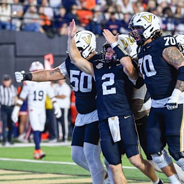 Vanderbilt quarterback Diego Pavia (2) celebrates a touchdown during the fourth quarter against Auburn at FirstBank Stadium in Nashville, Tenn., Saturday, Nov. 8, 2025.