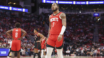 Feb 9, 2025; Houston, Texas, USA; Houston Rockets forward Cam Whitmore (7) reacts after a play during the second quarter against the Toronto Raptors at Toyota Center. Mandatory Credit: Troy Taormina-Imagn Images
